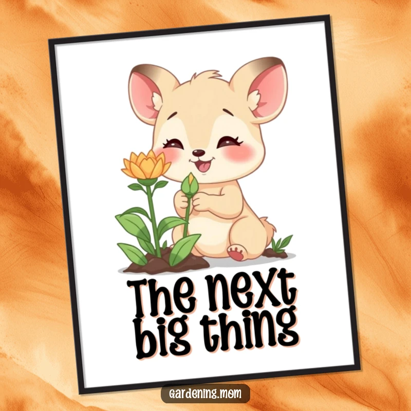 Funny digital art print of an excited gardening mom animal examining a new bud, ideal for instant download and decor.