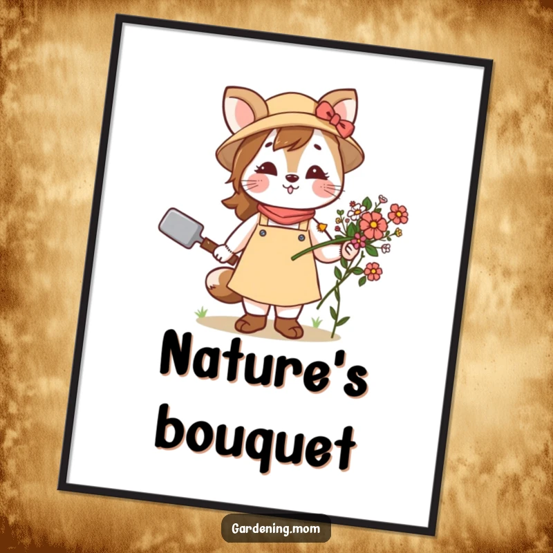 Funny digital art print of a proud gardening mom animal holding a trowel and flowers, ideal for instant download and wall decor.