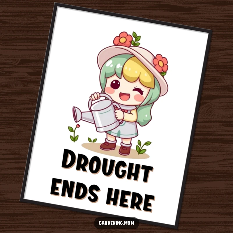 Funny Digital Art: A kawaii gardening character holds a watering can, vibrant and ready to print.