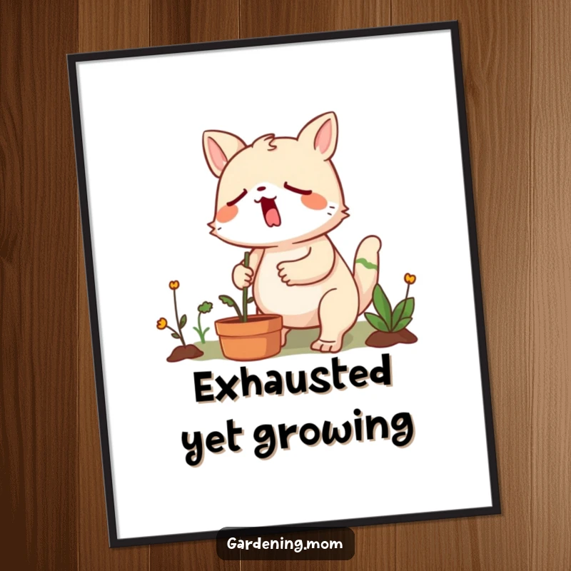 Funny gardening animal character yawning determinedly while weeding, ready to be printed and add humorous art to your walls.