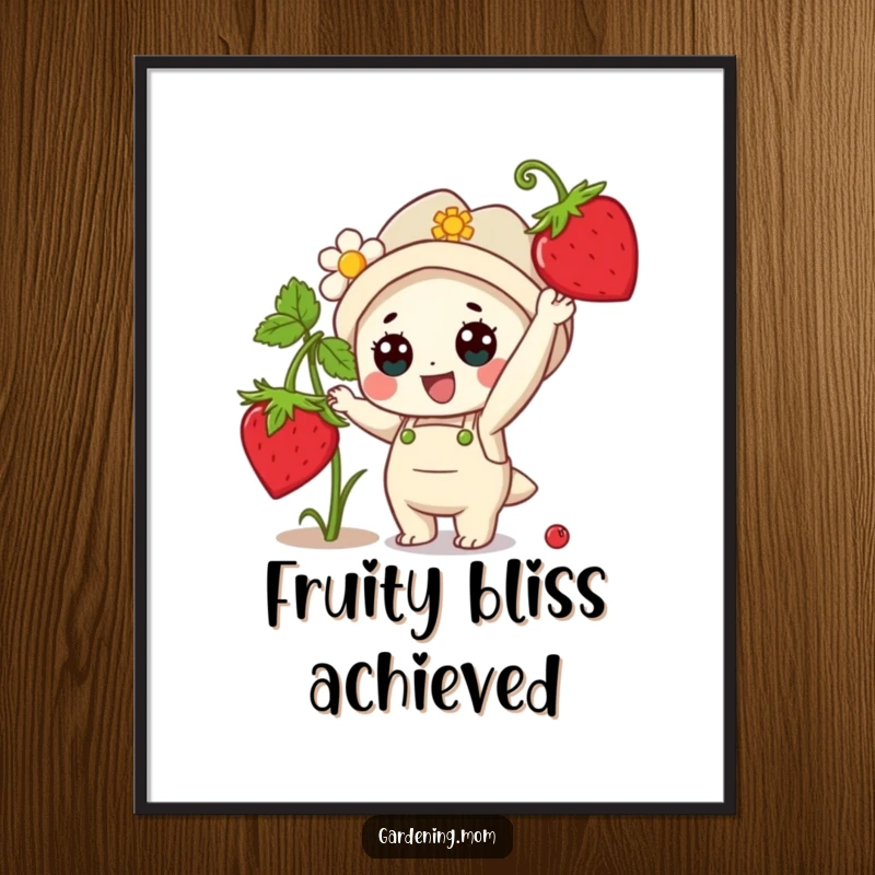 Funny Digital Art: A kawaii gardening character reaching with glee for a ripe strawberry, printable art.