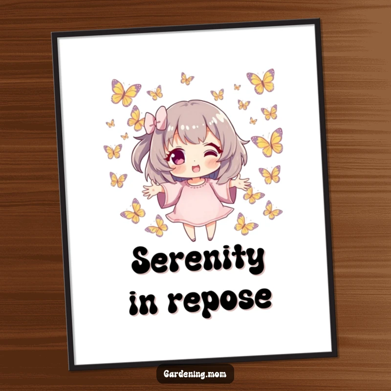 Funny Digital Art Print: Character with outstretched hands, surrounded by butterflies, a downloadable and funny gift for serene ambiance.