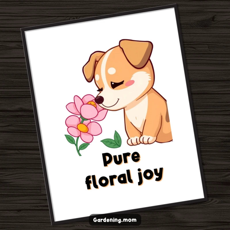 Funny dog admiring a blooming flower with pure delight, heartwarming digital art, humorous and joyful, funny gift.