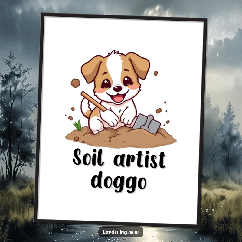 Funny digging dog digital art print of an excited dog with a shovel, digging in soil with dirt flying, perfect for decor.