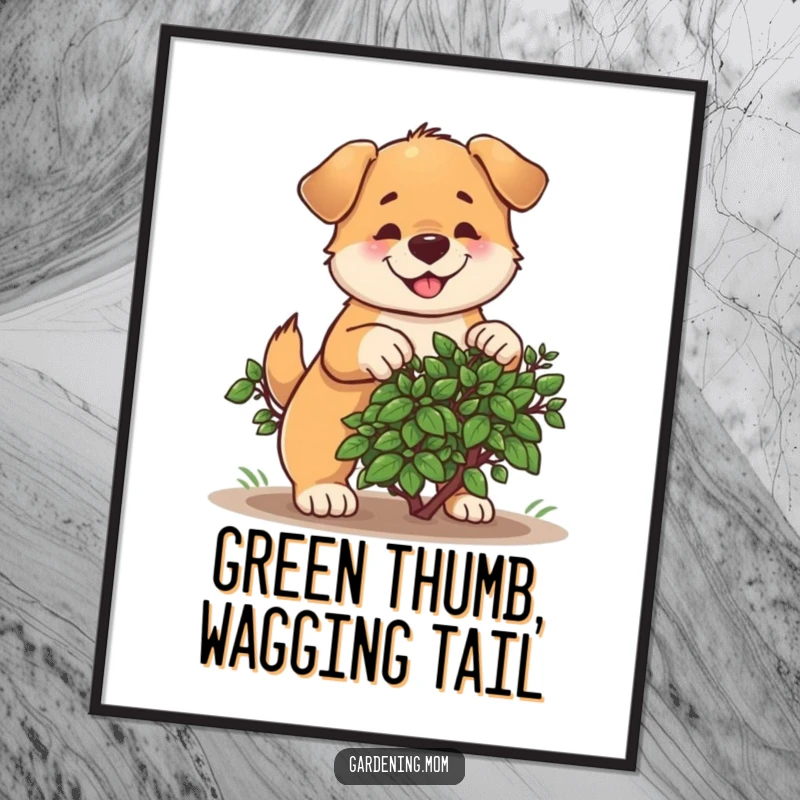Funny digital art print of a determined dog cheerfully pruning a bush, a whimsical and humorous garden scene.