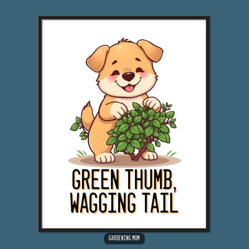 Funny Dog Pruning Bush Digital Art: Cheerful Gardener's Hilarious Pet Wall Decor Gift