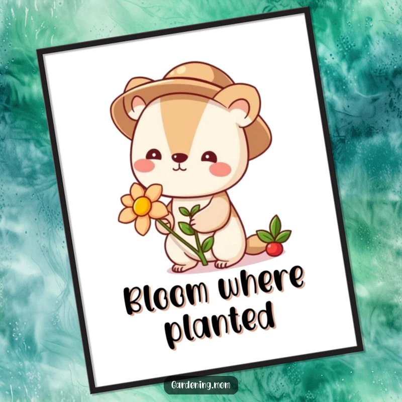 Funny cute animal character in a gardening hat holding a vibrant blooming flower, as a downloadable digital art print for wall decor.