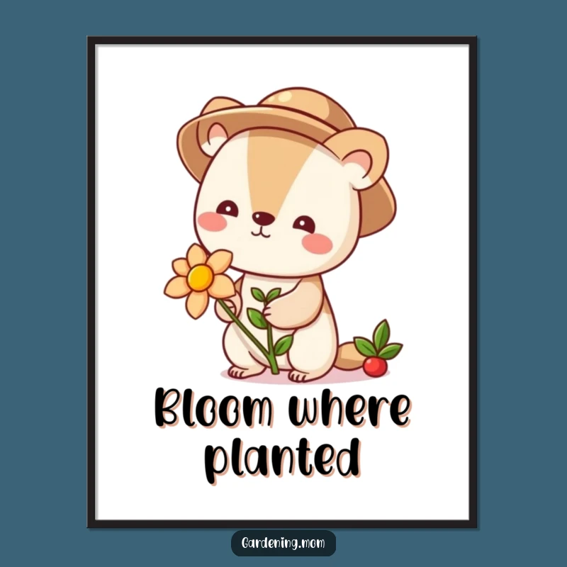 Funny Gardener Animal Digital Art: Cute Blooming Flower Print for Instant Decor