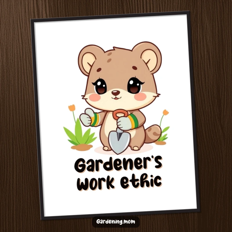 Funny Digital Art Print: An animal character wearing gardening gloves and holding a shovel, representing dedication to gardening.