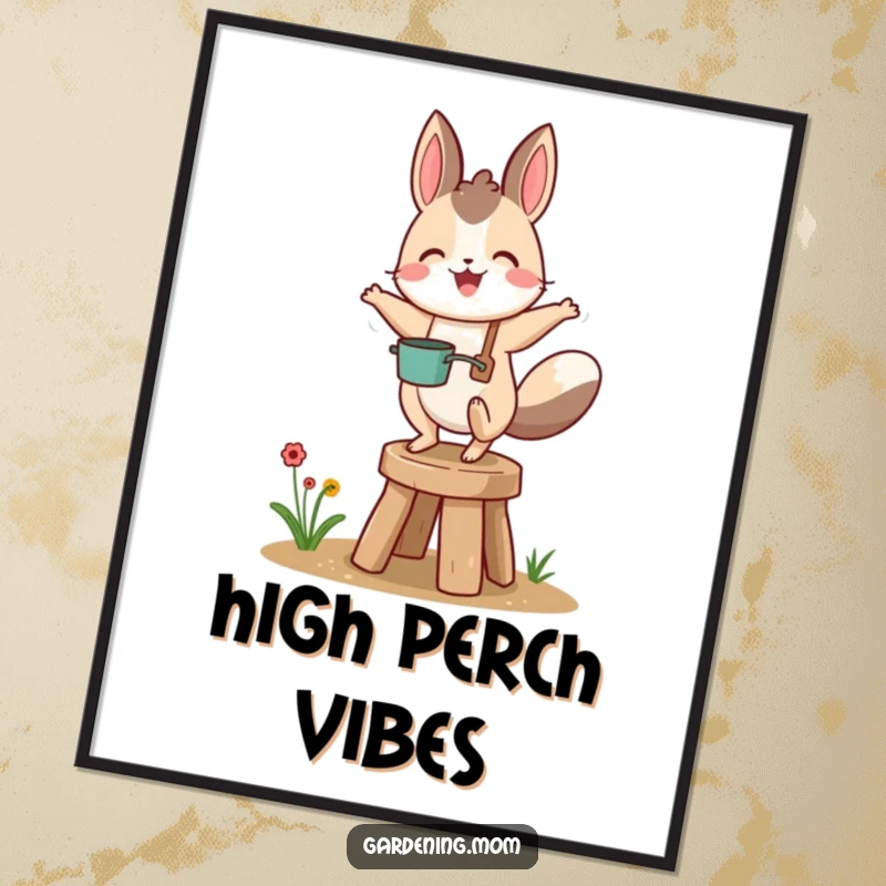 Funny gardening animal character captured in a gleeful bounce on a small garden stool, ready to be printed and enjoyed.