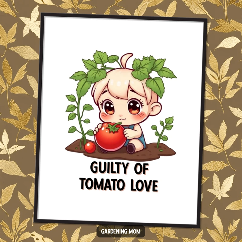 Funny digital art print of a gardening character with wide, curious eyes, examining a plump, ripe tomato, perfect for kitchen decor.