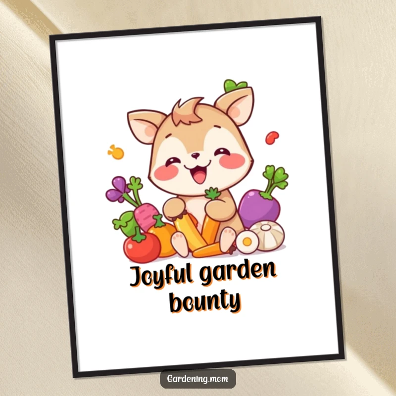 Funny Digital Art Print: A giggling animal character gleefully picking colorful vegetables, radiating pure garden delight.