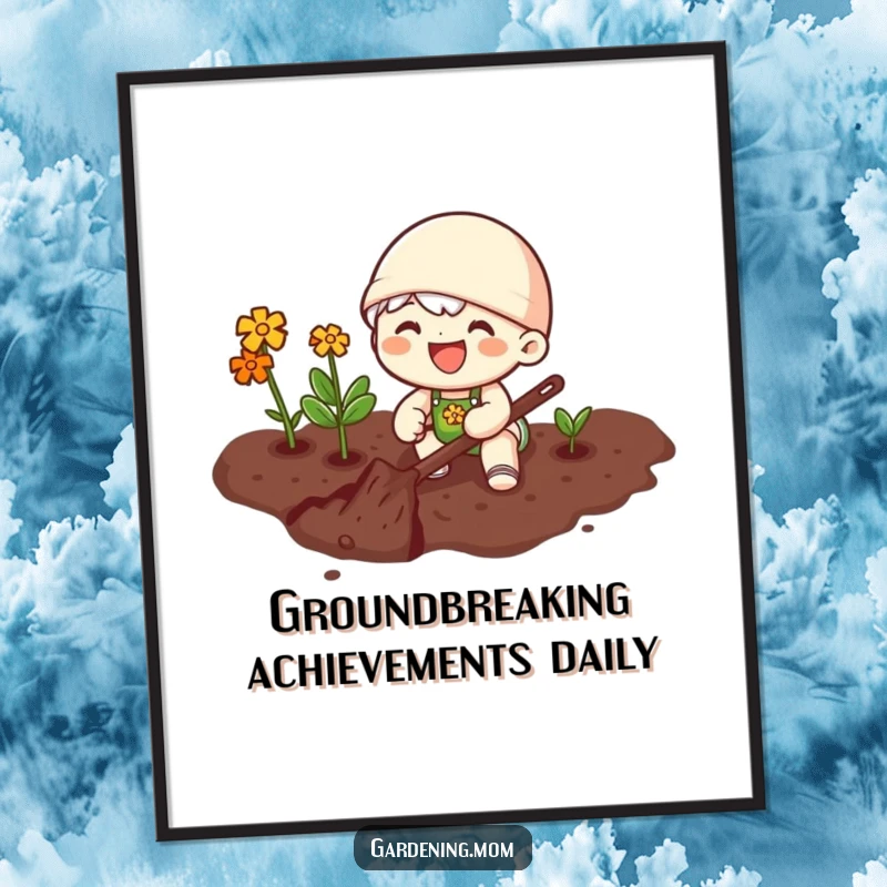 Funny digital art print of a joyful gardening character happily digging in rich soil, perfect for energetic and cheerful decor.