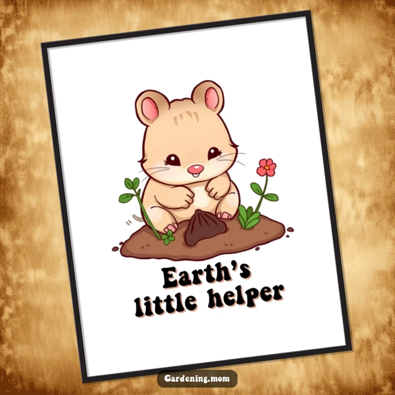 Funny Kawaii Gardening Animal Digital Art Print Happily Digging in Earth, Instant Wall Art.