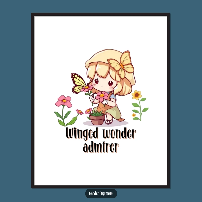 Funny Kawaii Gardener Digital Art: Cute Character Butterfly Printable Gift