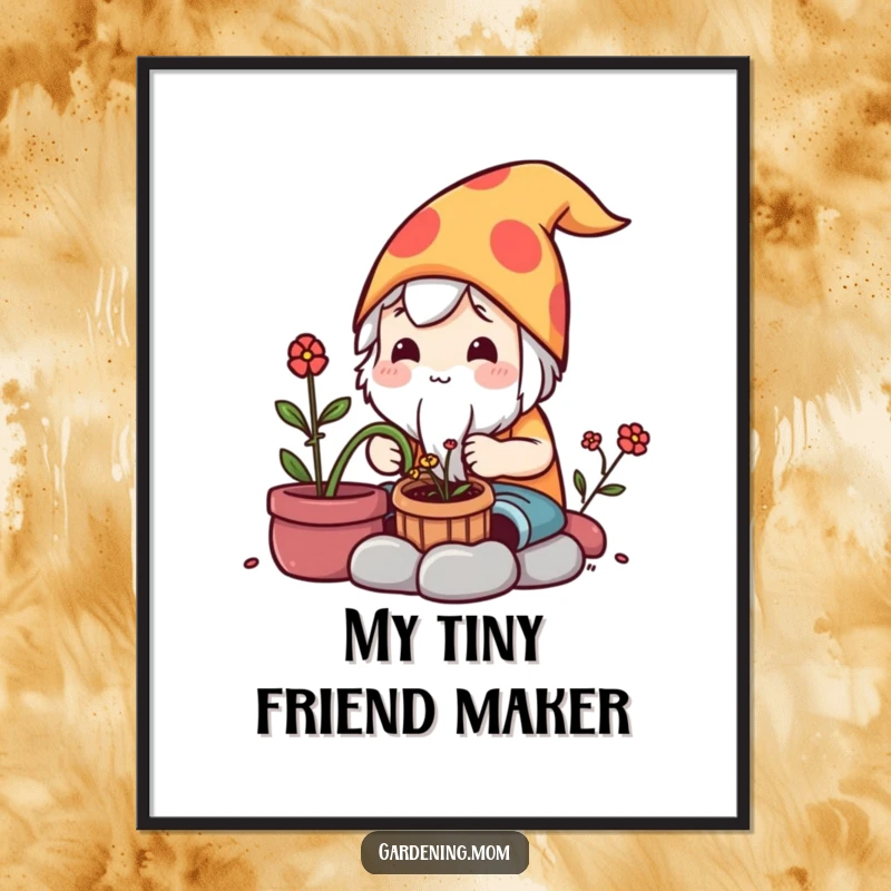 Funny Digital Art: A kawaii gardening character carefully crafts a small garden gnome, high-quality printable.
