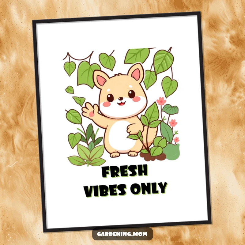 Funny Kawaii Gardening Animal Digital Art Print Waving Hello Amidst Greens, Instant Wall Art.