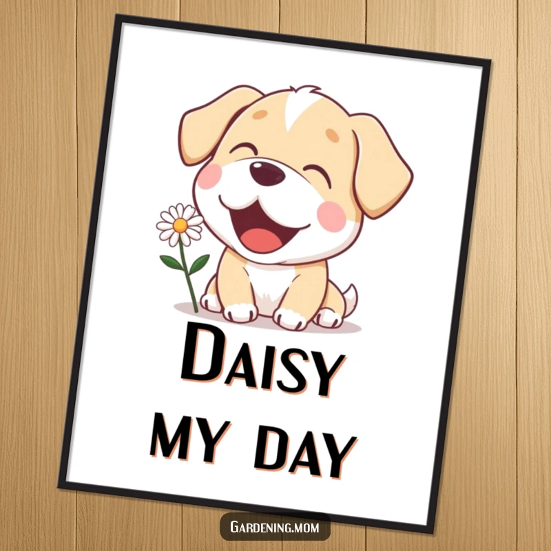 Funny mama dog digital art print of a delighted pup admiring a blooming daisy, capturing a moment of pure joy.