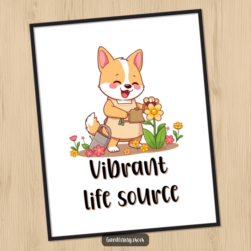 Funny Mama Dog Gardener Digital Print: A mama dog in an apron enthusiastically waters a vibrant flower.