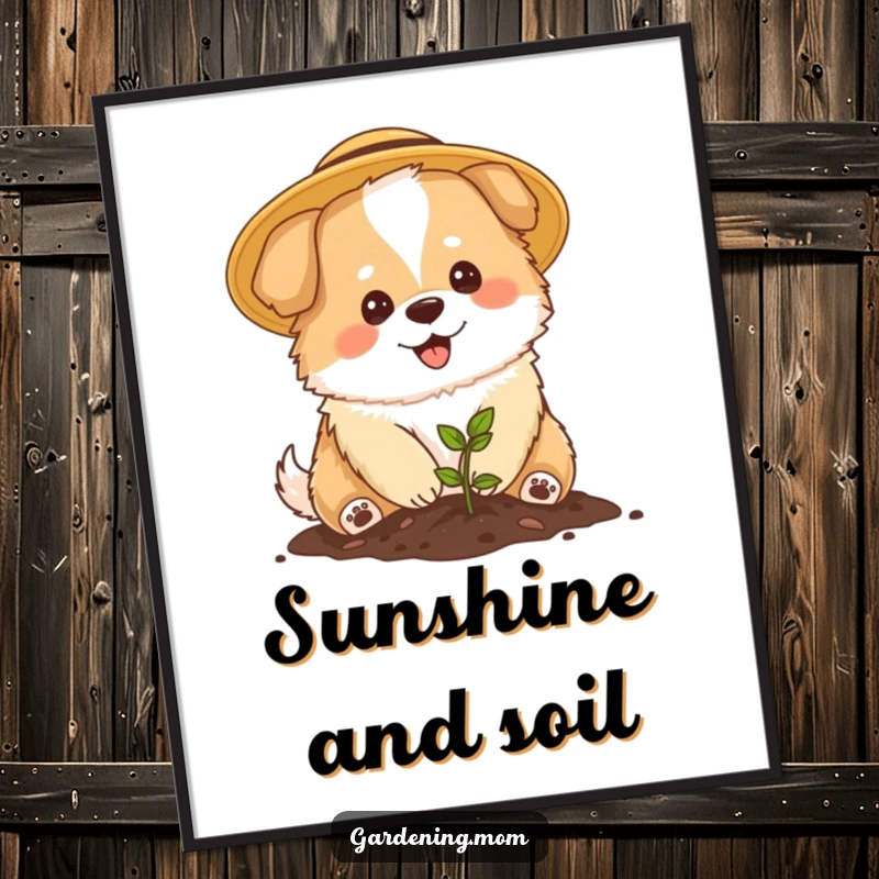 Funny Mama Dog Gardener Digital Print: A fluffy mama dog in a sun hat happily plants a tiny seedling.