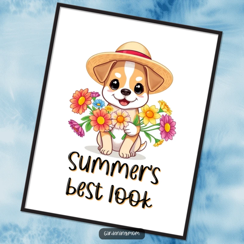 Funny dog wearing a sun hat and holding bright, colorful flowers, vibrant digital art, cheerful and humorous, funny gift.