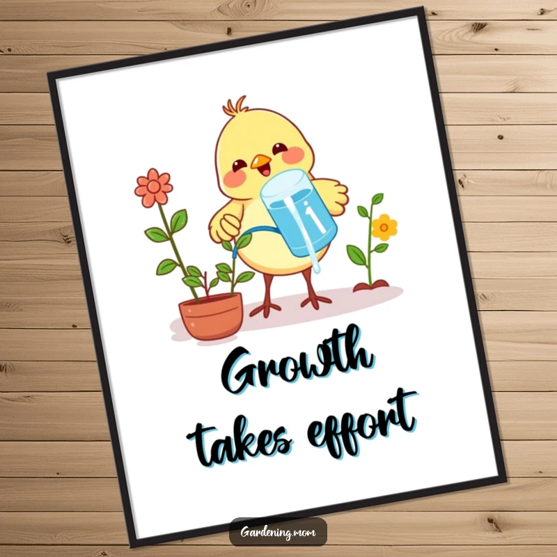 Funny digital art print of a cheerful, proud little bird watering plants with water held in its beak.