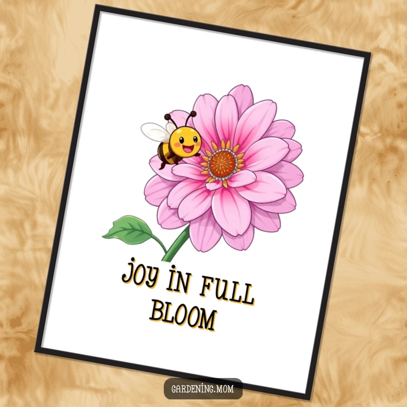 Funny digital art print of a smiling bee joyfully buzzing around a large, beautifully blooming flower.