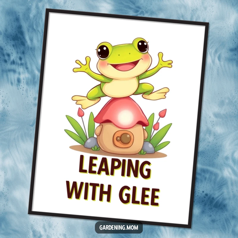 Funny Frog digital art print of a playful frog jumping over a garden gnome, ready for humorous wall decor.