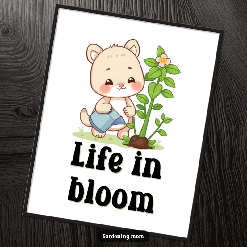 Funny digital art print of a cheerful gardening mom animal watering a vibrant plant, ideal for instant download and wall decoration.