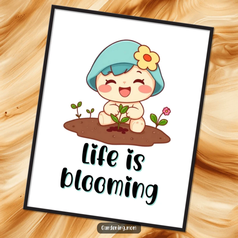Funny Kawaii gardener digital art print of a character joyfully planting a tiny seed, with a gentle smile.