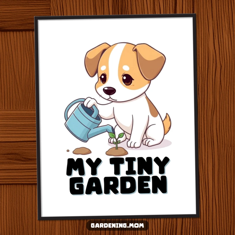 Funny dog watering a tiny sprout, looking hopeful, digital art download, printable wall decor, funny gift.