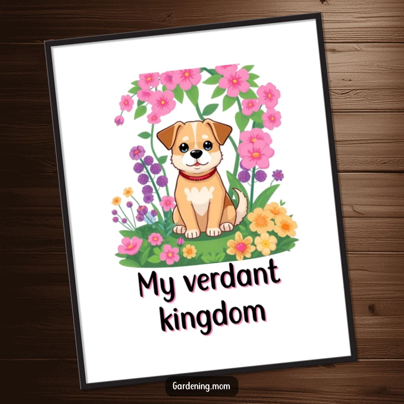 Funny digital art print of a relaxed dog sitting peacefully in a vibrant garden, surrounded by lush greenery.