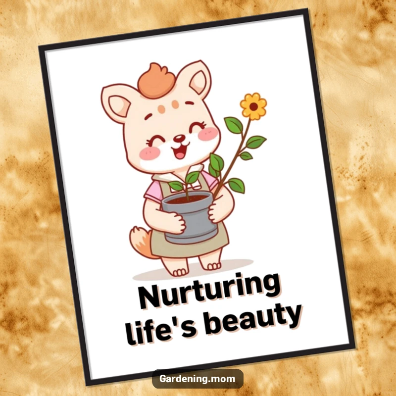 Funny digital art print of a cheerful gardening mom animal character holding a potted sprout, symbolizing nurturing care and natural beauty.