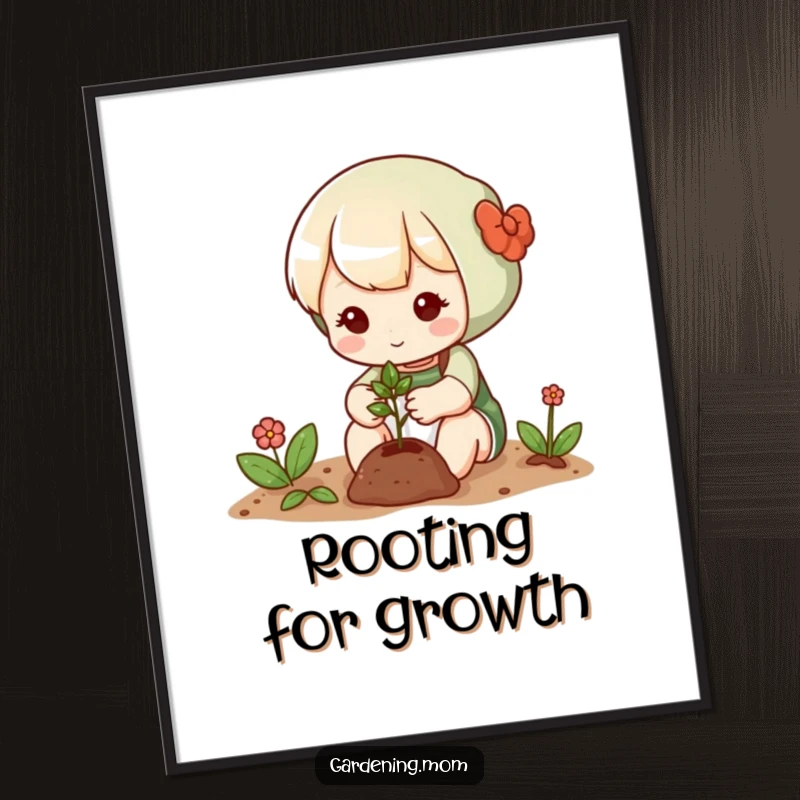 Funny digital art print of a cute gardening character gently planting a tiny seed, perfect for adding a whimsical touch to any room.
