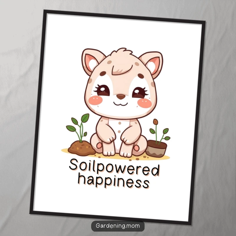 Funny gardening mom animal digital art: a beaming animal mom with cute dirt smudges on her cheeks, radiating gardening happiness.