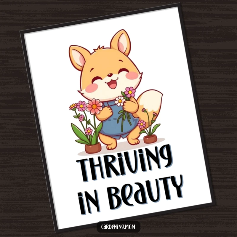 Funny digital art print of a delightful gardening animal character holding a gorgeous flower bouquet, perfect for instant decor.