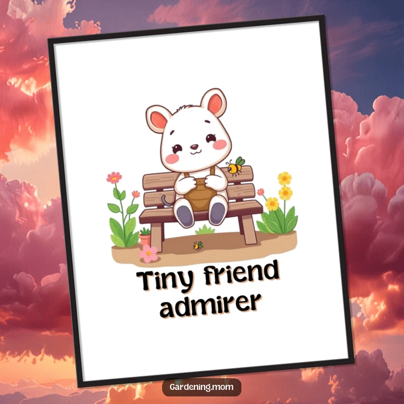 Funny gardening animal digital art print: a cheerful critter sits on a garden bench, happily admiring a small bug, celebrating nature's details digitally.