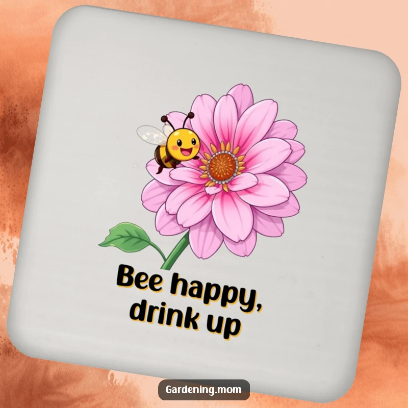 Funny drink coasters featuring a happy bee buzzing around a giant, blooming flower, perfect for protecting surfaces.