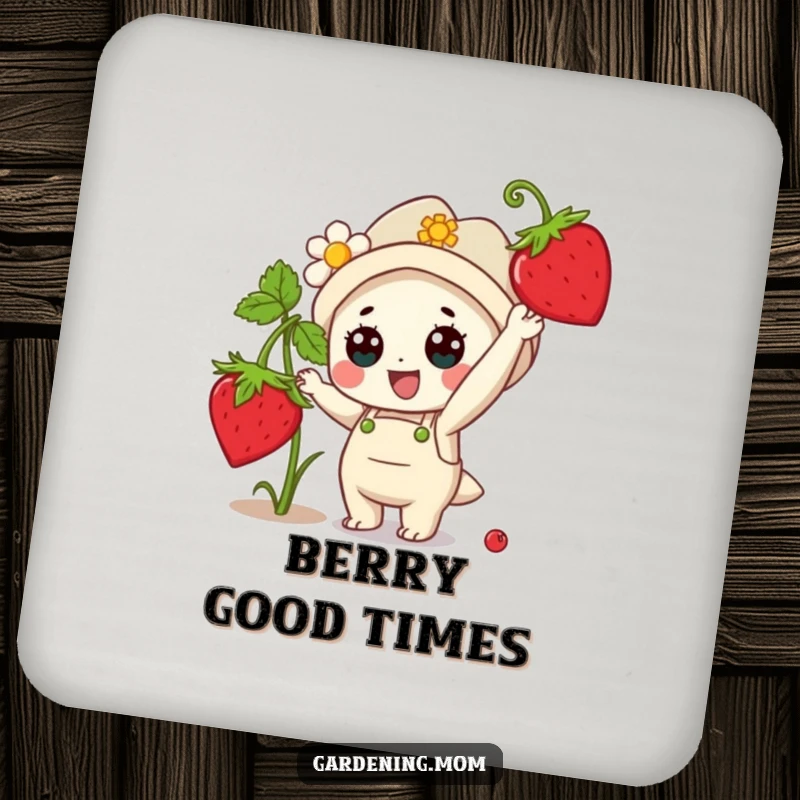 Funny Coasters: A kawaii gardening character reaches for a ripe strawberry, protecting tables with charm.