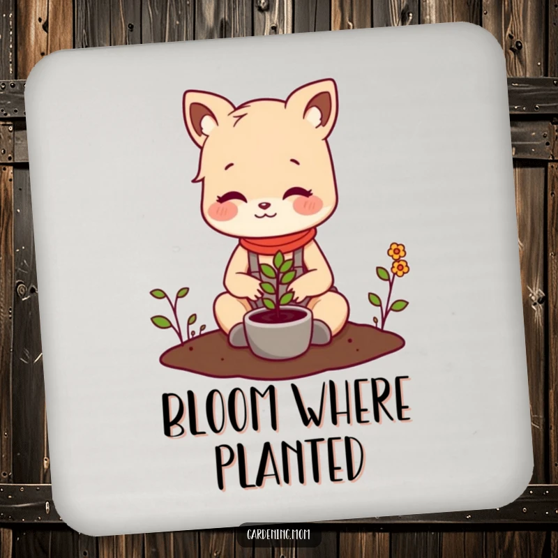 Funny drink coaster with a cute gardening mom animal planting a tiny seedling, preventing rings and adding humor to gatherings.