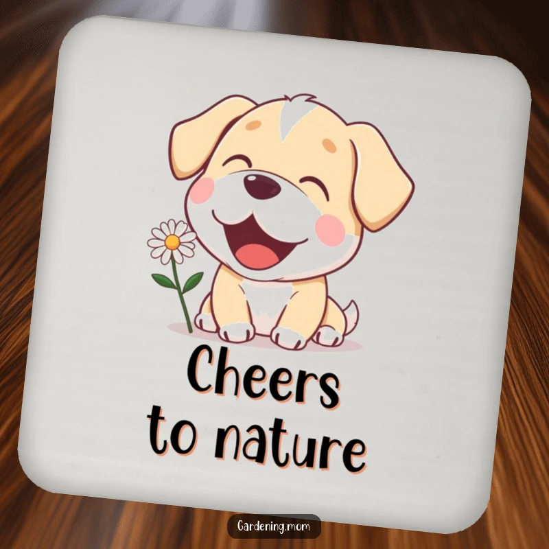 Funny mama dog coaster with a delighted expression, admiring a blooming daisy, adding a touch of floral beauty.