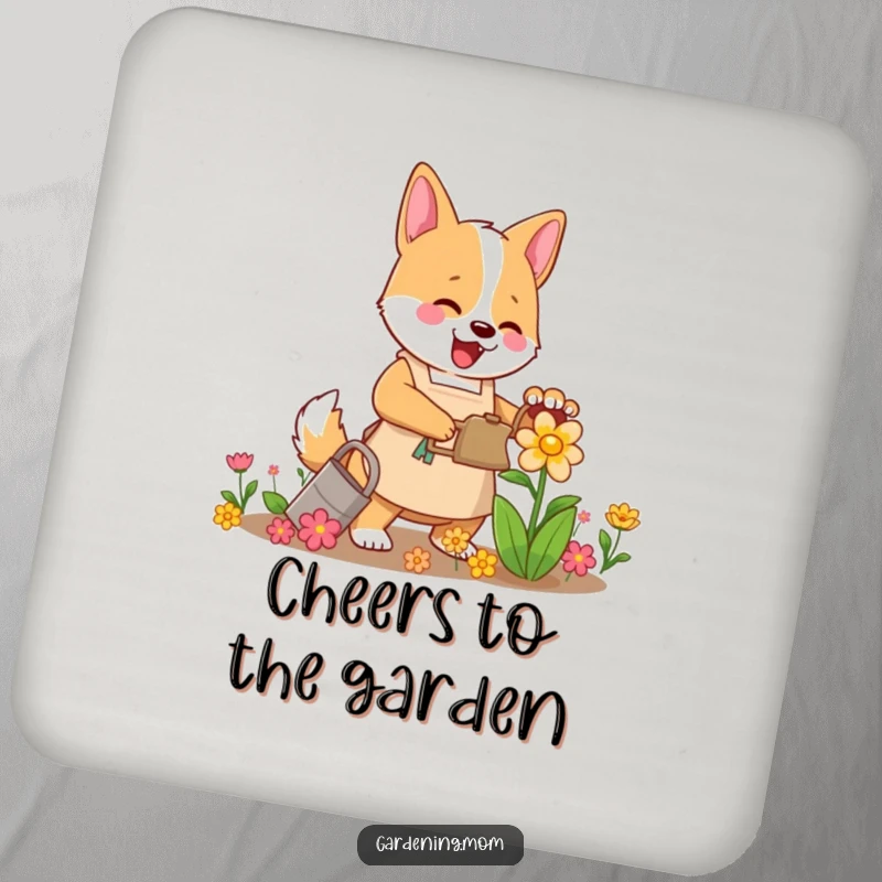 Funny Mama Dog Gardener Coaster: A mama dog in an apron happily waters a vibrant flower, protecting surfaces with charm.