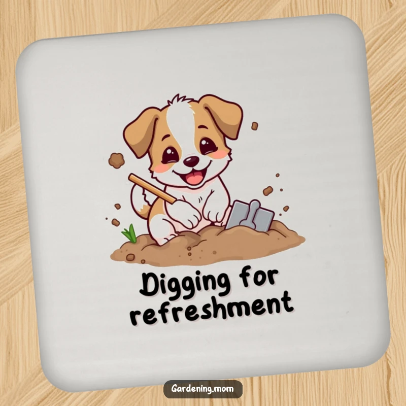 Funny digging dog coaster showing an excited dog with a shovel, digging in soil with dirt flying, protecting surfaces.