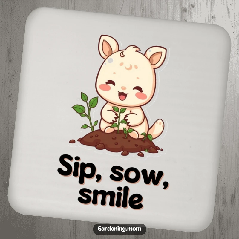 Funny drink coaster featuring a joyful animal character planting seeds with a gentle smile, adding a whimsical touch of peace.