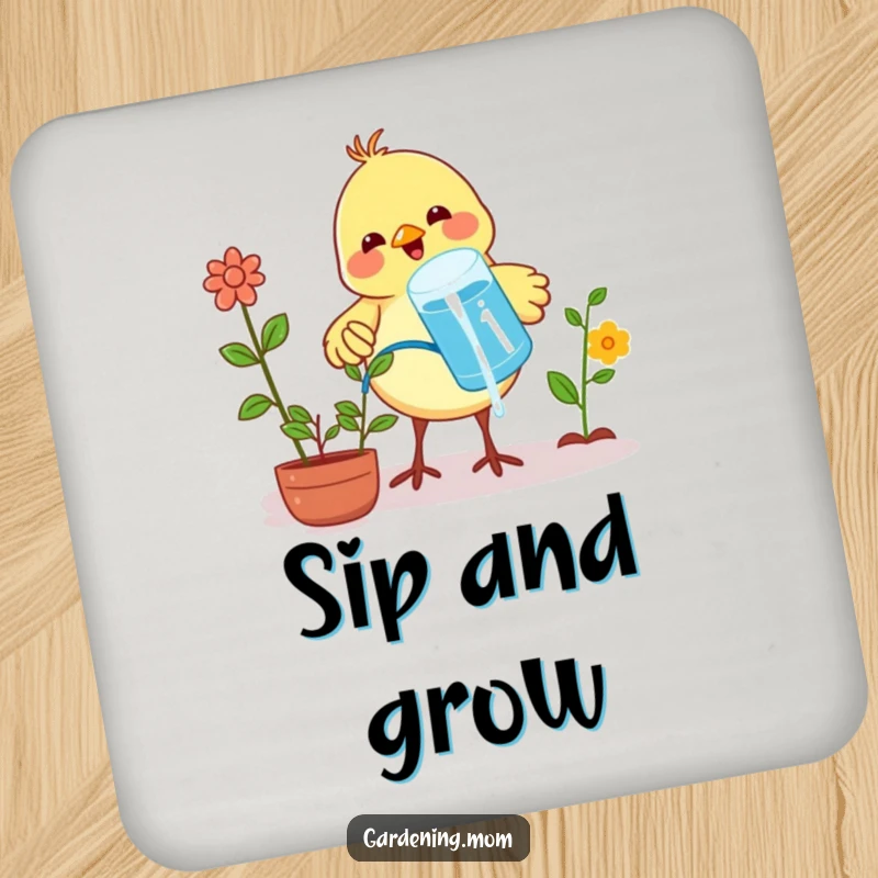 Funny drink coasters featuring a proud little bird watering plants with water held in its beak, adding charm.