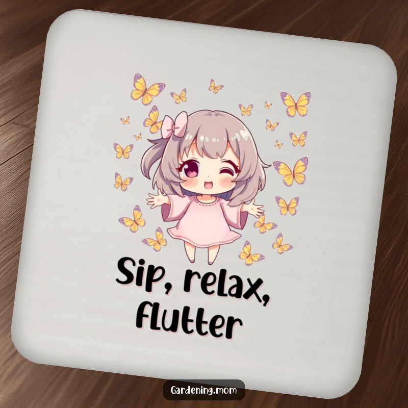 Funny Coaster: Character surrounded by fluttering butterflies, hands outstretched, a practical and funny gift for gentle protection.