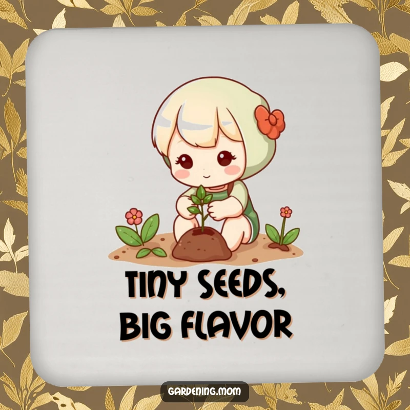 Funny drink coaster with a cute gardening character gently planting a tiny seed, adding a decorative and protective touch.