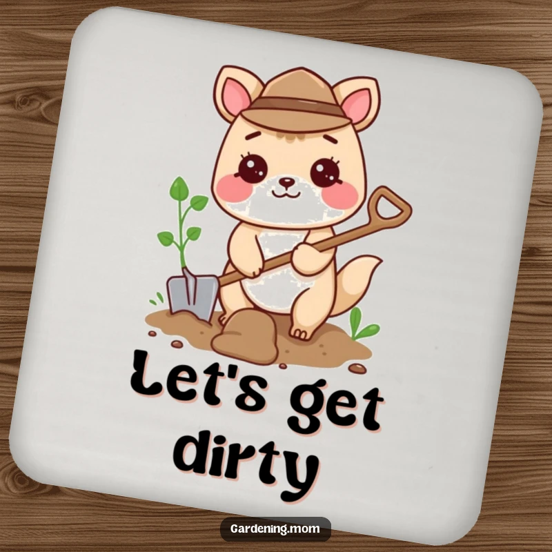 Funny coaster with a cheerful gardening animal character digging with a small shovel, protecting surfaces with a smile.
