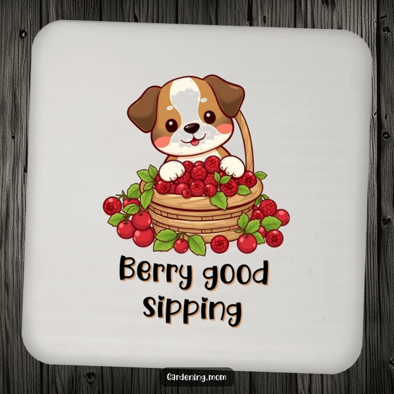 Funny drink coaster featuring a dog joyfully harvesting a basket of red berries, perfect for a touch of nature.