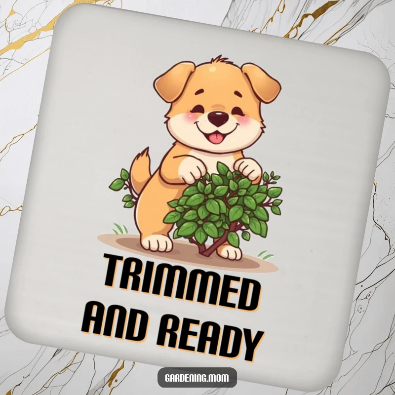Funny drink coaster with a determined dog cheerfully pruning a bush, adding garden charm and humor to any drink.